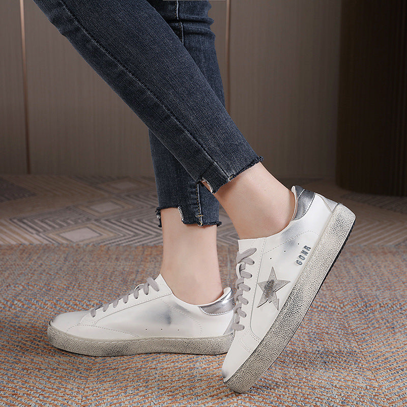Women's & Men's Cowhide Distressed Dirty White Height Increasing Insole Couple Sneakers
