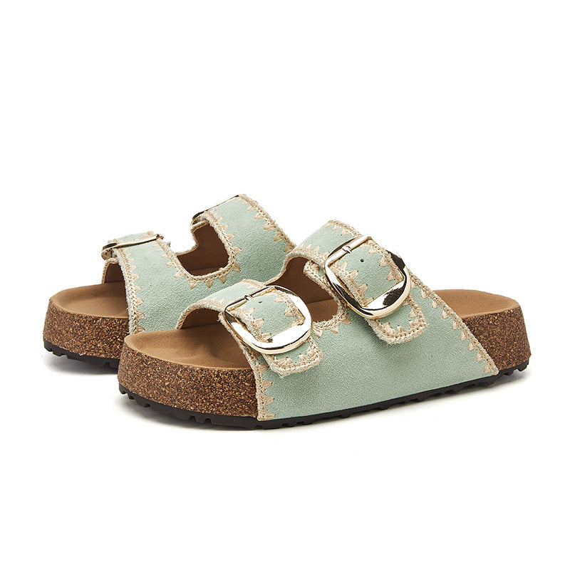 Women's Platinum Round Toe Vintage Buckle Platform Height Increasing Breathable Thick-soles Slippers