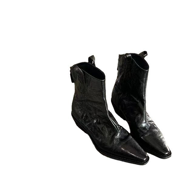 Women's V-shaped Mouth Retro Denim Genuine Skinny Thick Wrinkle Western Short Heels