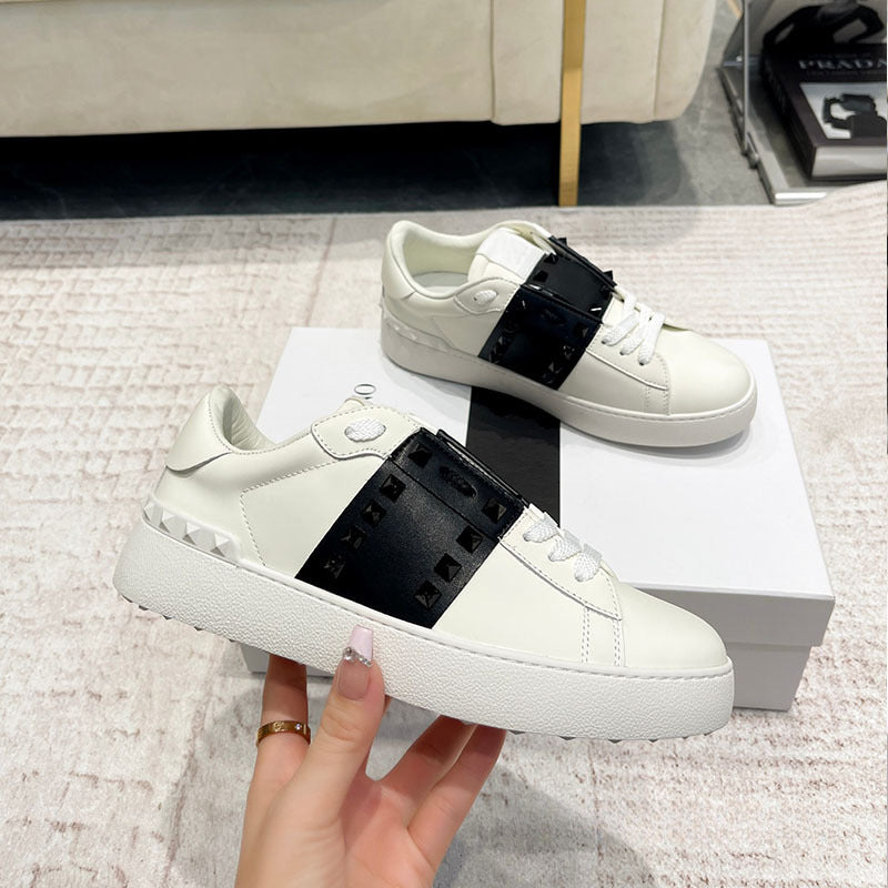 Women's & Men's Rivet White Top Layer Cowhide Platform Sneakers
