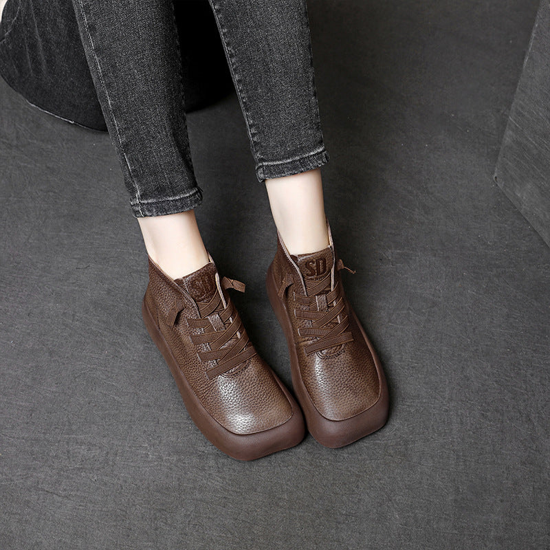 Lychee Pattern Genuine Retro Square Toe Martin Female Boots