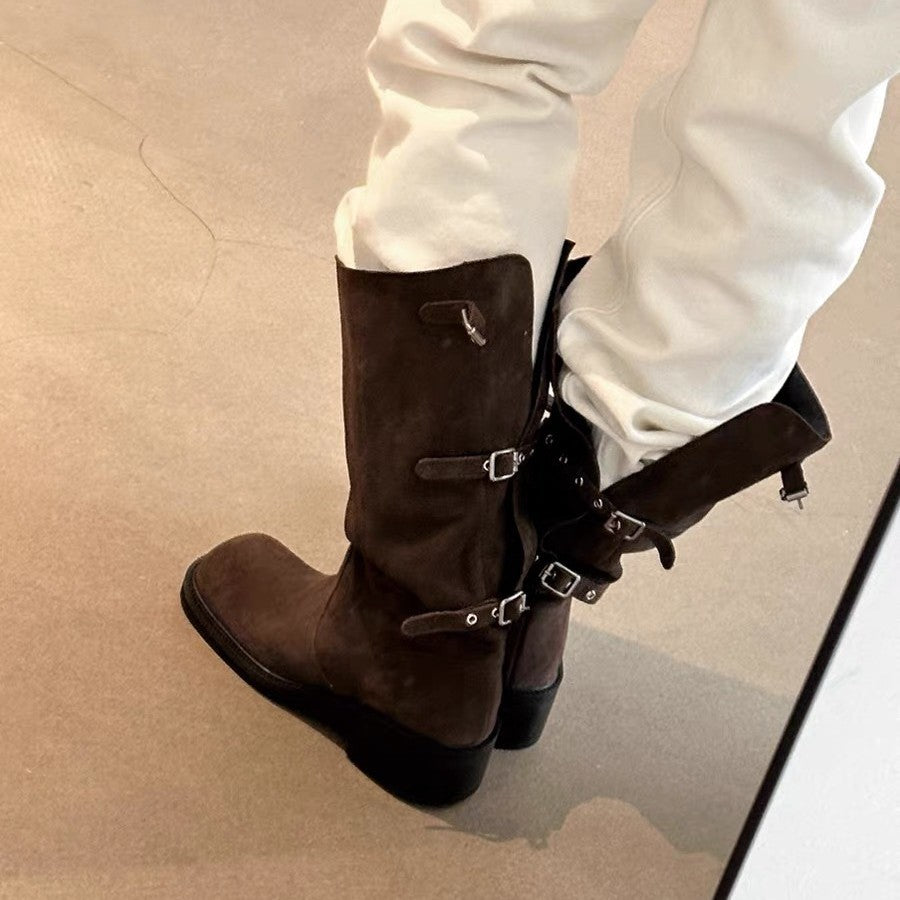 Women's Minority Belt Buckle Tall Knight Chunky Women's Leather Boots