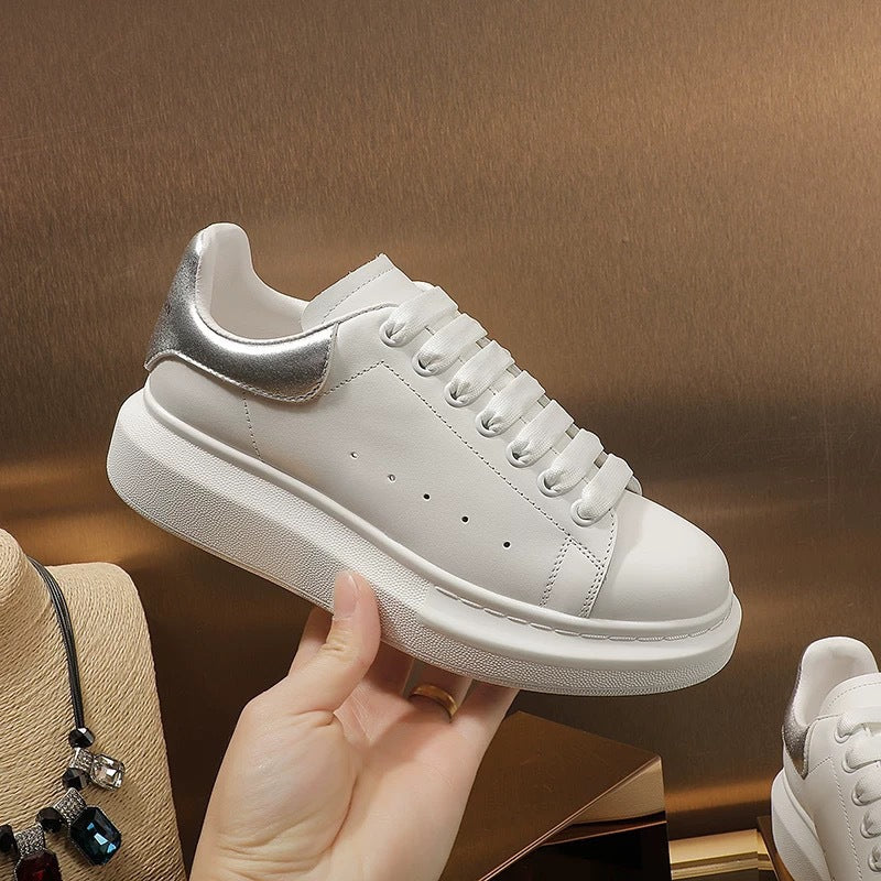 Women's Spring Mcqueen White Platform Height Increasing Leather Shoes