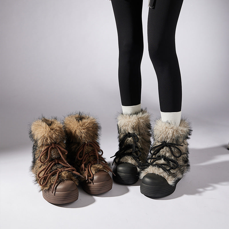 Platinum Plush Warm Long Wool Bow Round Toe Boots