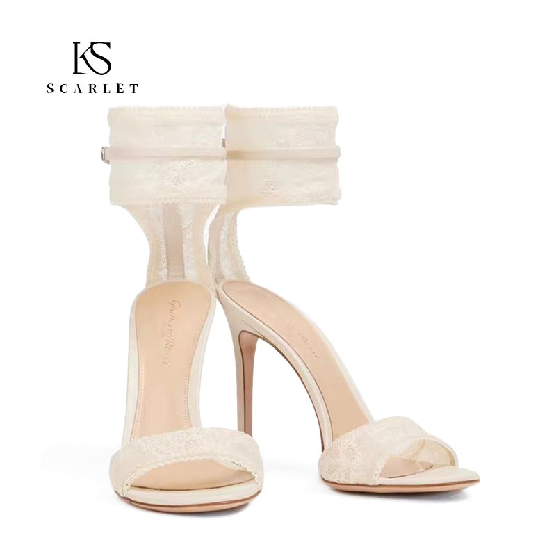 Women's White Dress Wedding Lace High-heeled Stiletto Main Yarn Ankle Ring High Heeled Sandals