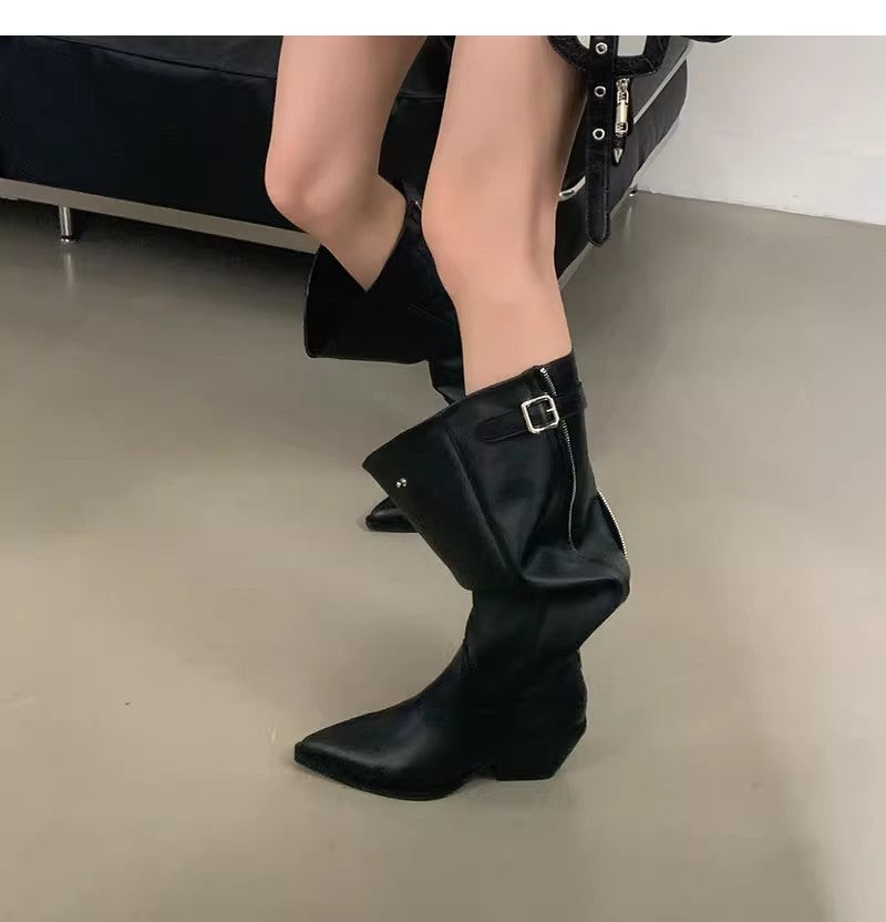 Women's Hot Big Tube Circumference Pleated Pile Style Autumn Back Boots