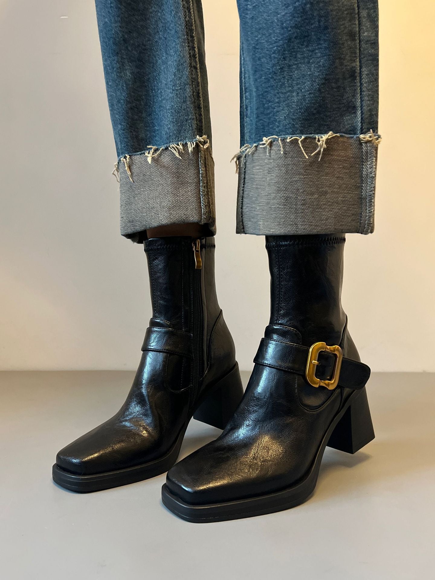 Women's Elegance High Square Toe Booties Soft Waterproof Platform Thick Increased Boots