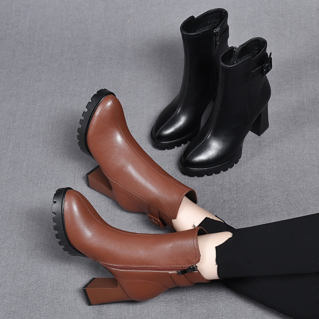 Women's Chunky High Short Winter Platform Genuine Wool Fleece Lined Women's Leather Boots