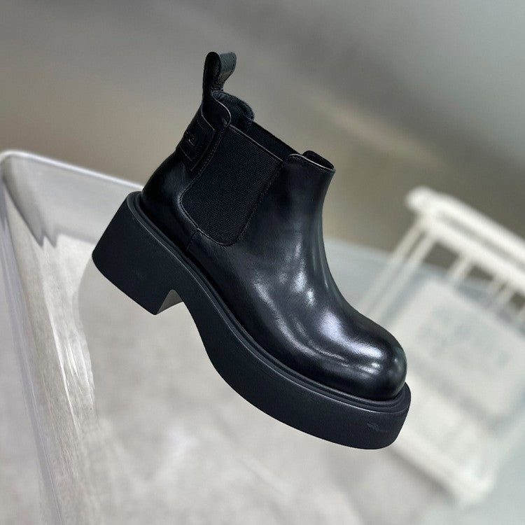 Women's Chelsea Booties European Goods Platform Smoke Pipe Muffin Round Women's Leather Boots