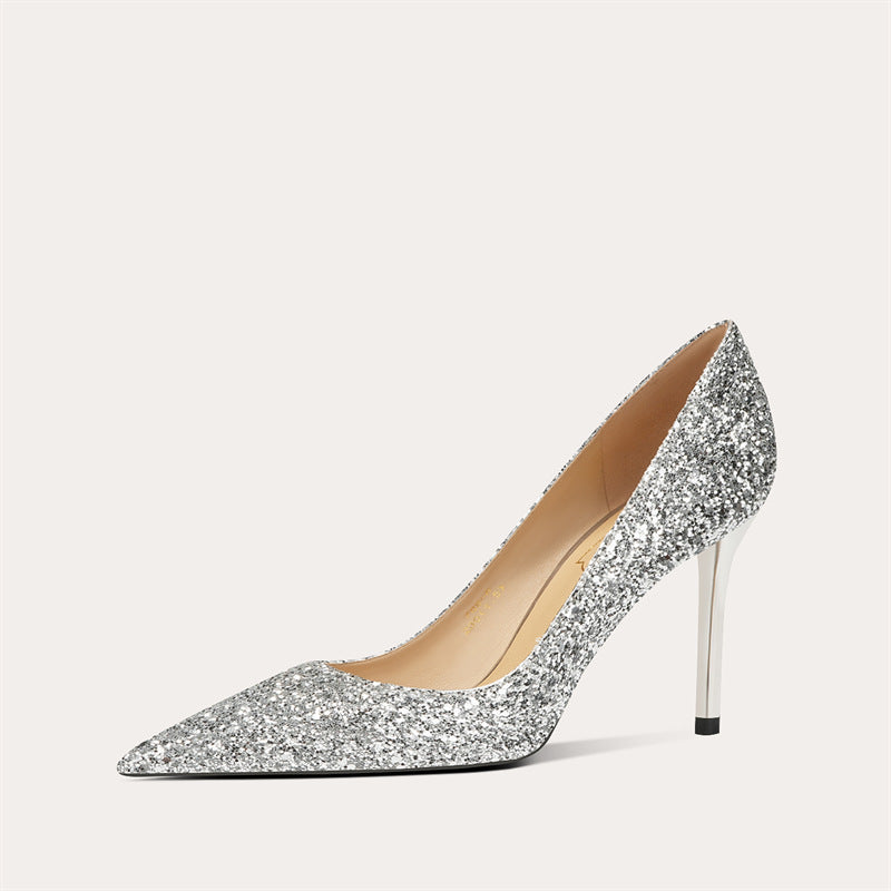Women's French Sheepskin Light Gold Wedding Bridesmaid Pointed Stiletto Heels