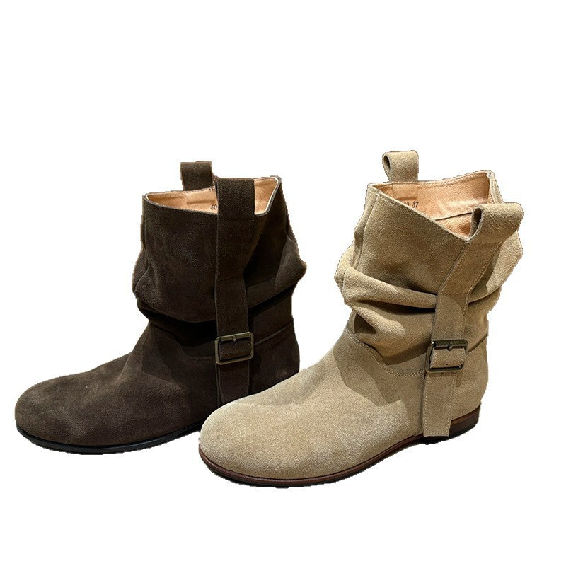 Women's Fashion Retro Round Head Chunky High-grade Ankle Women's Leather Boots