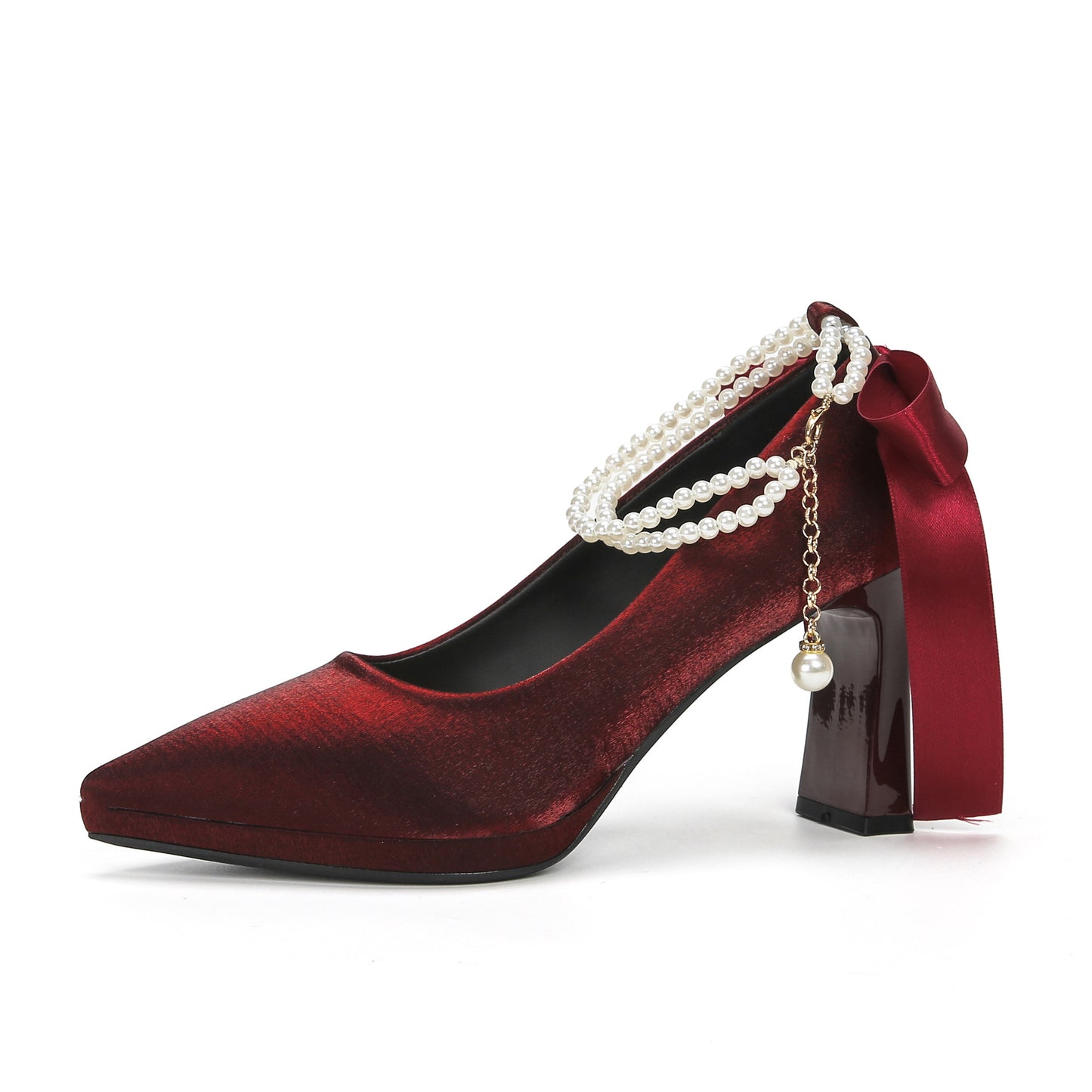 Women's French Suede Pointed Chunky High Bow Pearl Heels