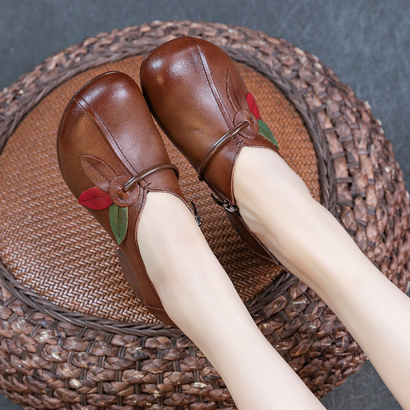 Women's Autumn Thick Soft Bottom First Layer Cowhide Ethnic Style Flower Heels