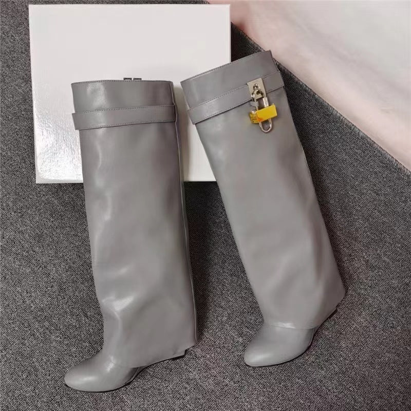 Women's Catch High Tube Pants Wedge Knight Height Increasing Insole Large Women's Leather Boots