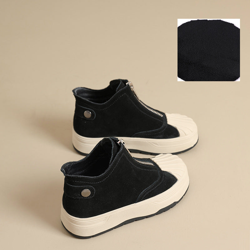 Women's Genuine Front Zipper Flat Shell Toe Board Women's Leather Boots