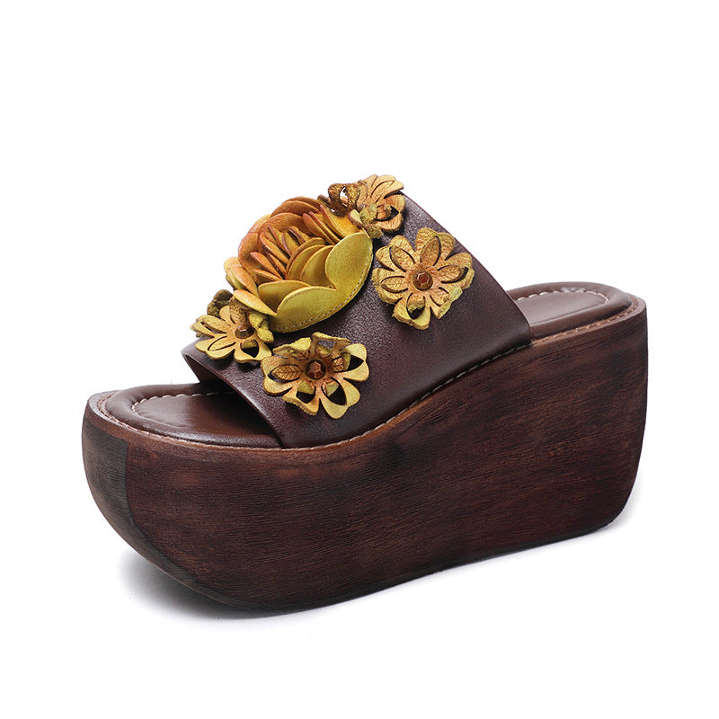 Women's Fur Washed Cowhide Hand-rub Color Genuine Thick-soles Slippers
