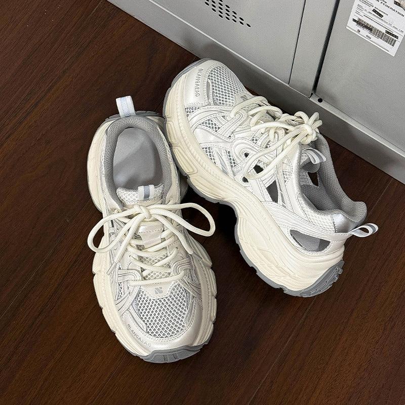 Women's Clunky Thick-soled Summer Mesh Breathable Hollow Thin Lightweight Exercise Running Sneakers