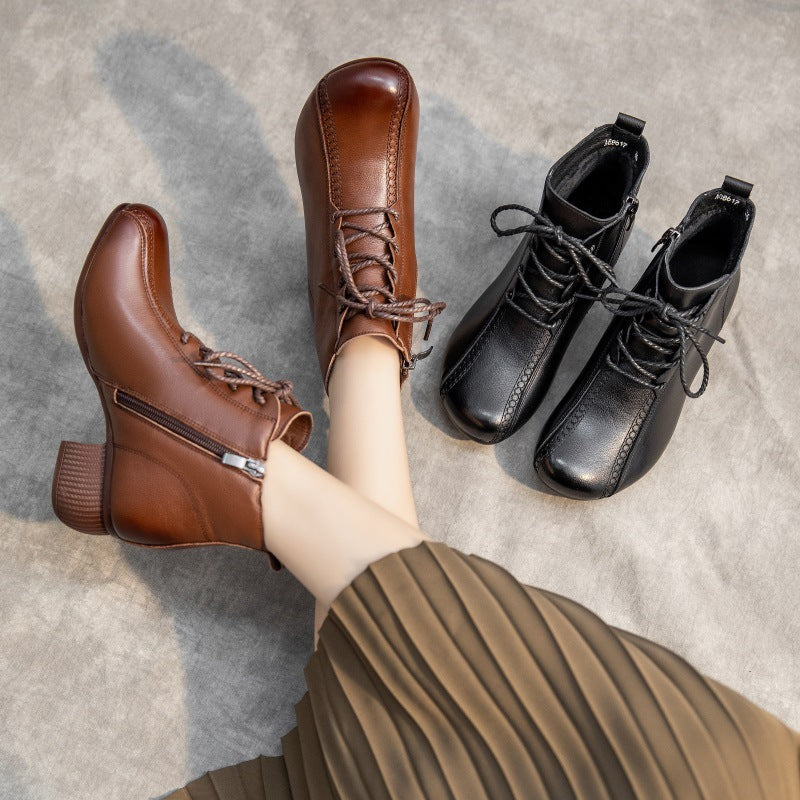 Cowhide Veet Mom Thick High Side Zipper Women's Shoes