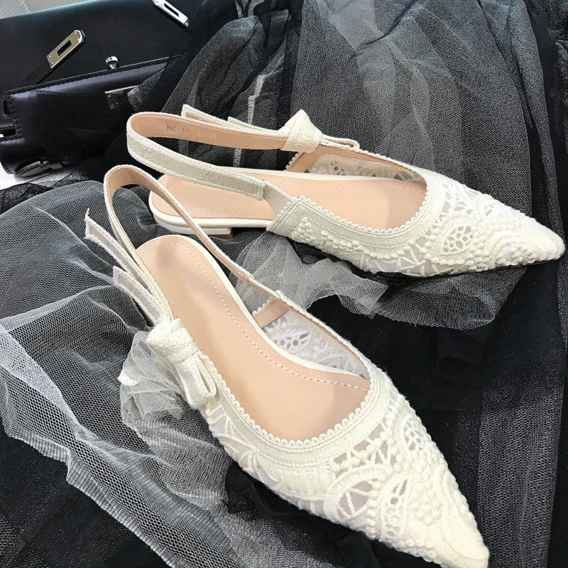 Women's Flat White Lace Embroidered Wedding Bridesmaid Kitten High Heeled Sandals
