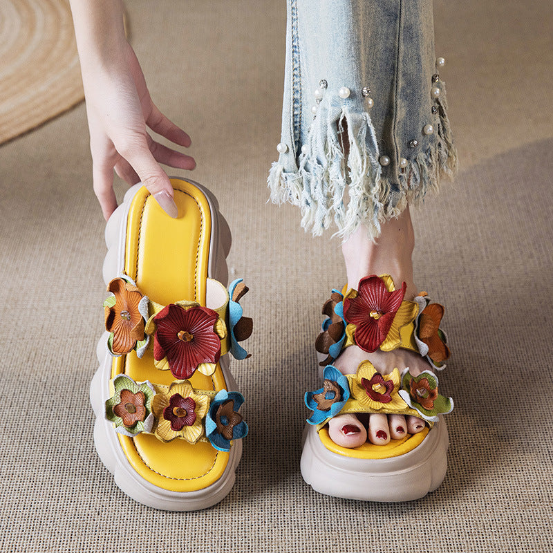 Women's Style Summer Bohemian Flower Genuine Open Toe Slippers