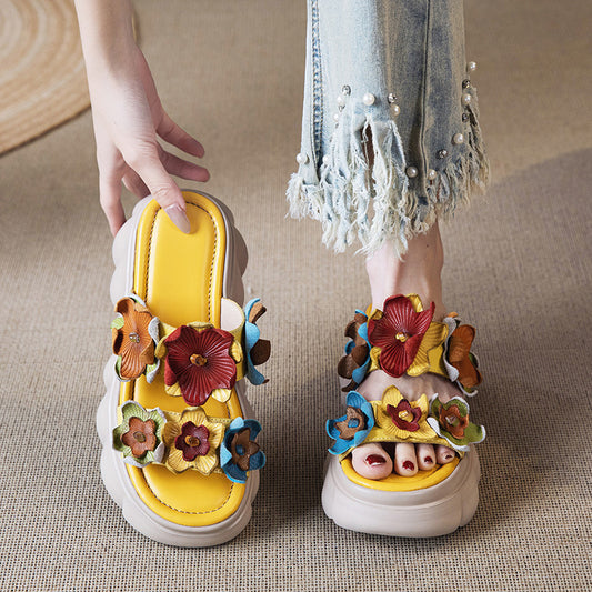 Women's Style Summer Bohemian Flower Genuine Open Toe Slippers