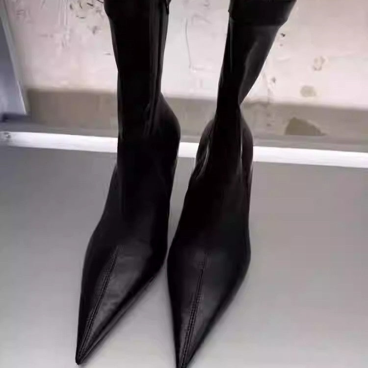 Women's Black Short Stretch Retro Skinny Stiletto Women's Leather Boots
