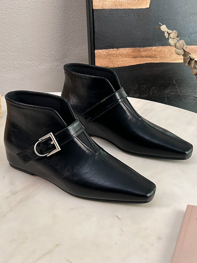 Inner Height Increasing Female Square Toe Small Versatile Slimming British Women's Leather Boots