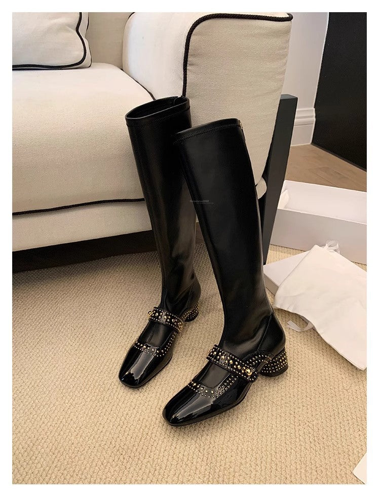 Head Rivet Back Zipper Tube Springy Women's Leather Boots