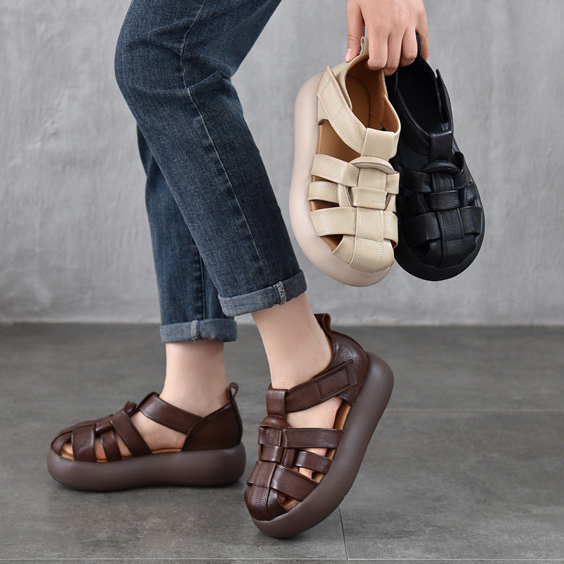 Women's Lightweight Genuine Closed Toe Summer Cowhide Roman Platform Sandals