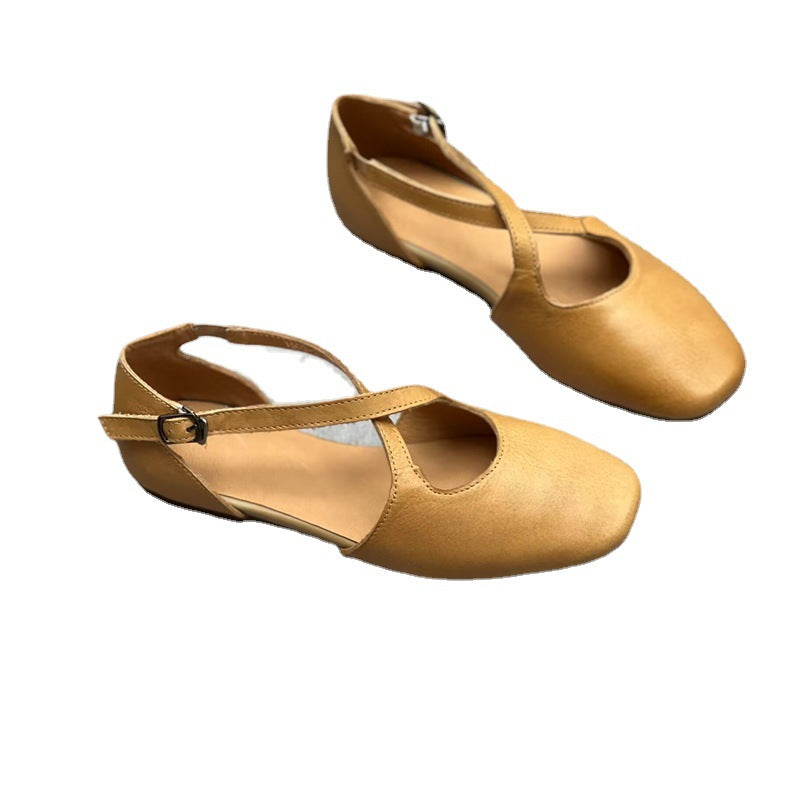 Women's Genuine Cross Mori Style Artistic Square Toe Temperament Wild Flat Women's Casual Shoes