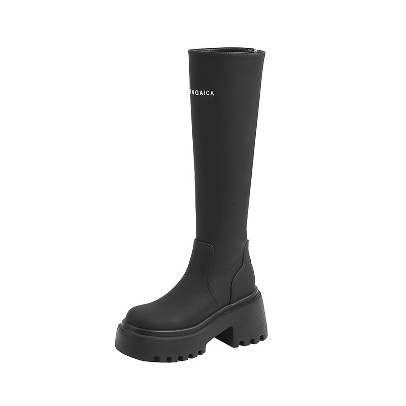 Women's Fleece-lined Warm High Leg Black Knight Below The Knee Women's Leather Boots