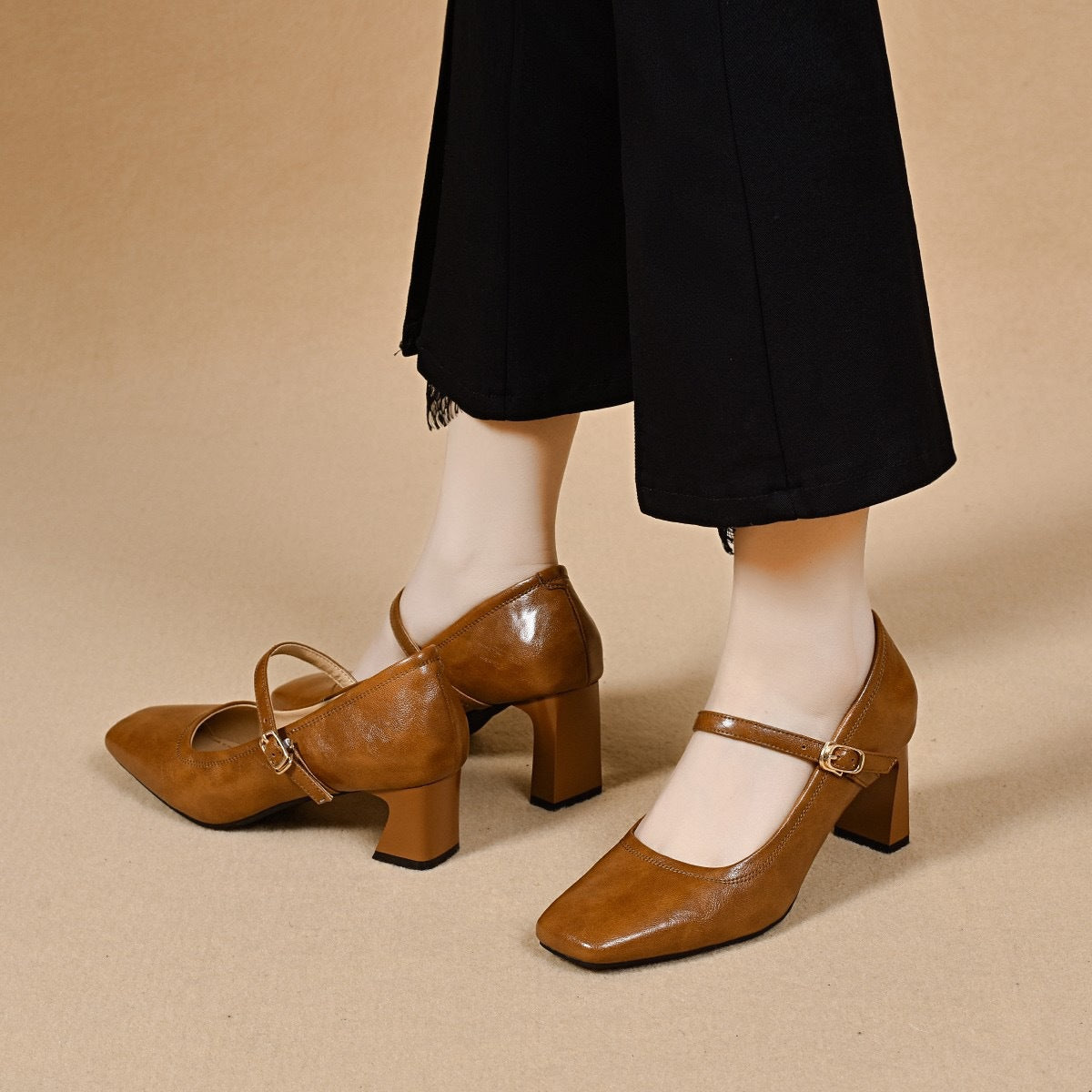 Women's Simple Elegant Texture Sheepskin Mary Jane Spring Chunky High Delicate Women's Fashion Shoes