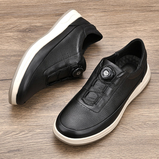 Men's Light Bottom Top Layer Calf Automatic Rotary Button Sports Pigskin Men's Casual Leather Shoes