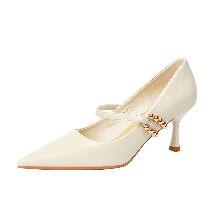 Sheepskin Word Buckle High Female Stiletto Women's Fashion Shoes