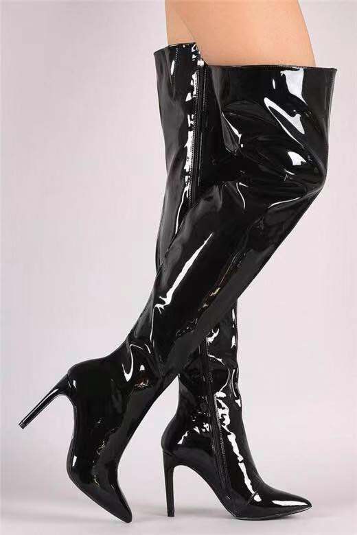 Women's Stiletto Pointed Toe Sexy Mirror Patent Over The Knee Women's Leather Boots