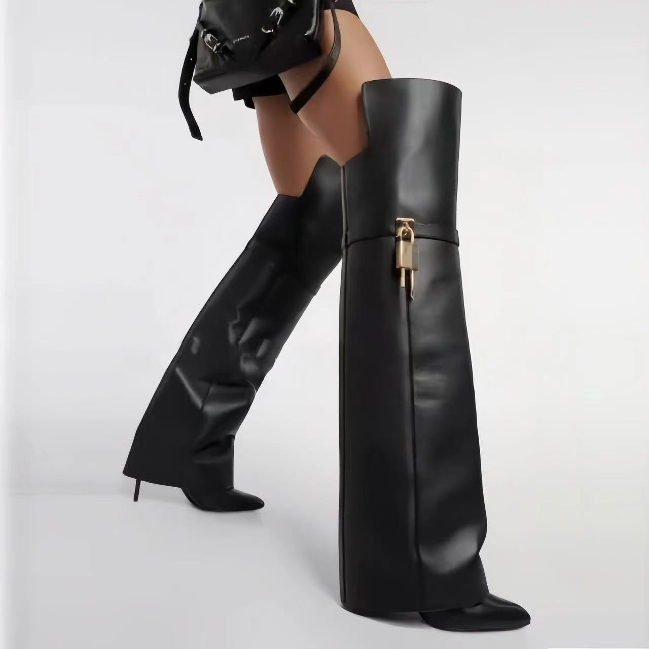 Women's Model Style Pantyhose Pointed Metal Buckle Skirt Stiletto Women's Leather Boots