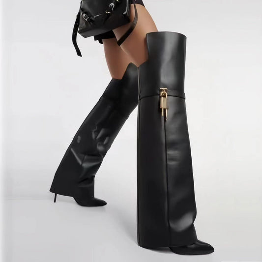 Women's Model Style Pantyhose Pointed Metal Buckle Skirt Stiletto Women's Leather Boots