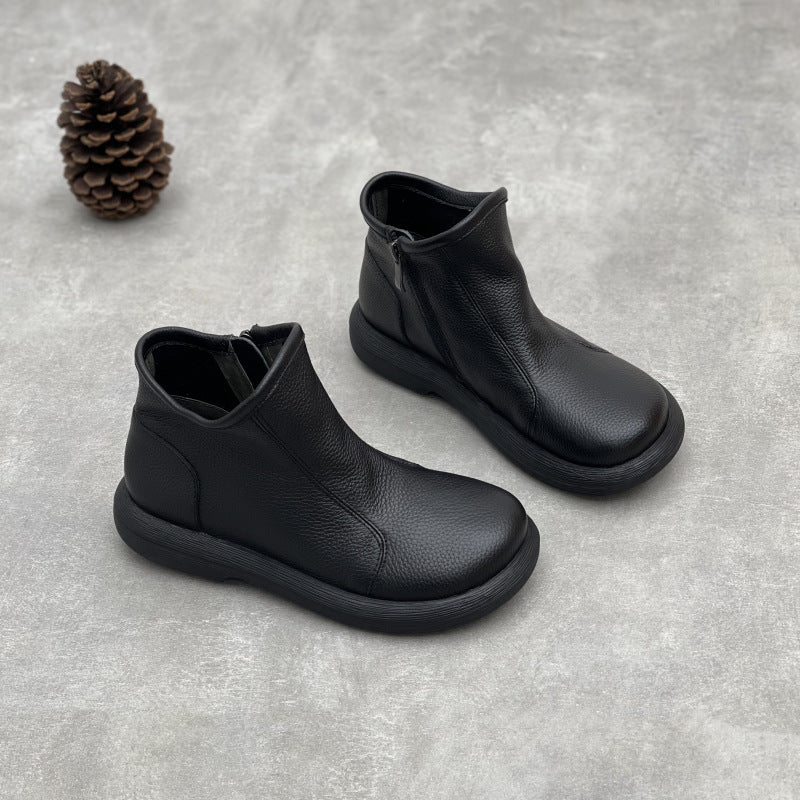 Women's Handmade Art Retro Flat Bottom Round Toe Soft Cowhide Pure Boots
