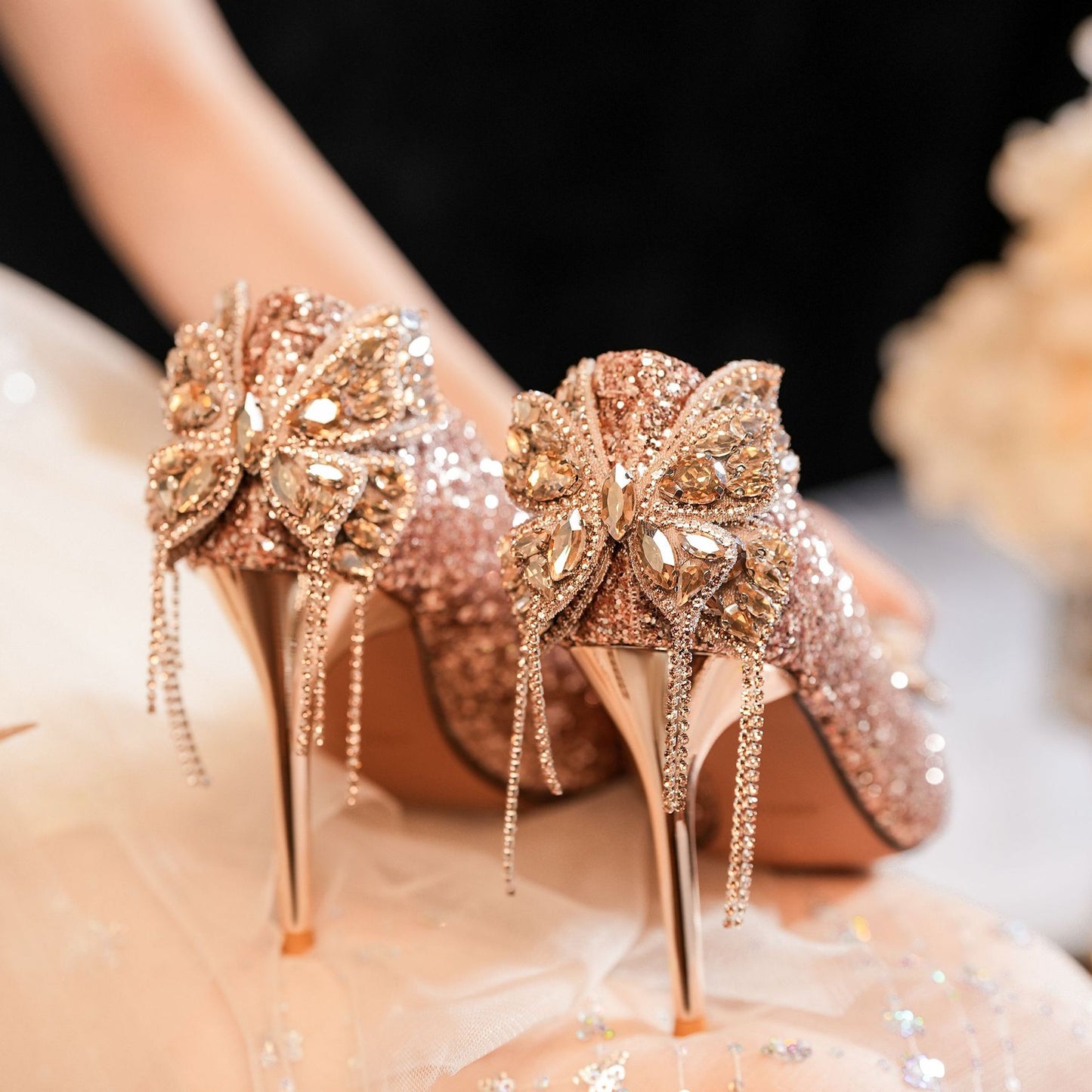 Women's Bow Rhinestone Tassel Sequins Wedding Party Luxury High Women's Fashion Shoes
