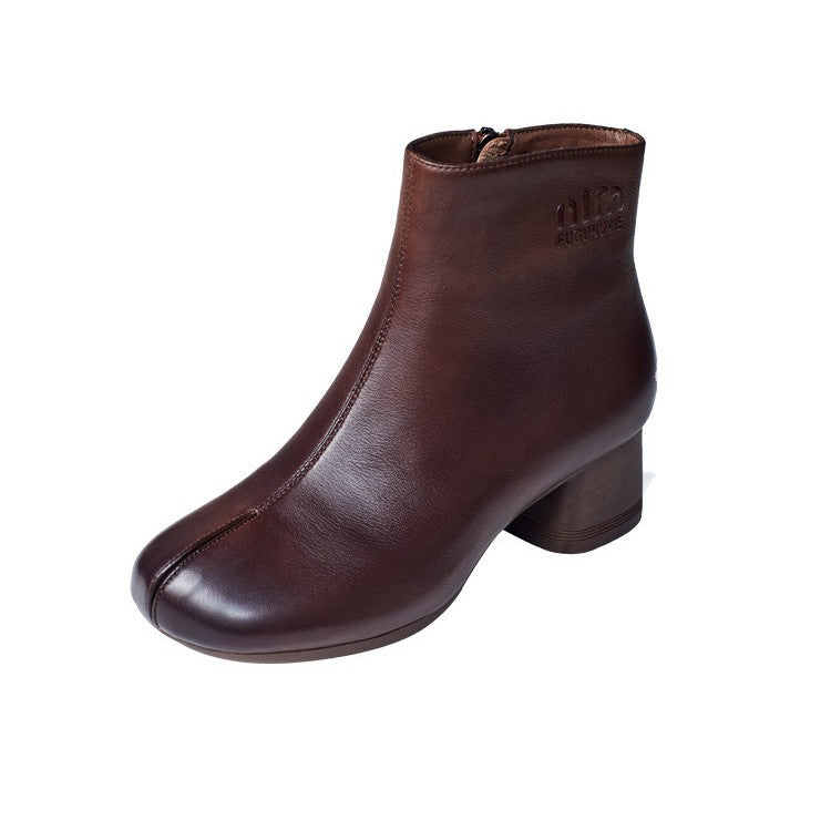 Style Handsome Handmade Cowhide Square Toe Chunky Heels