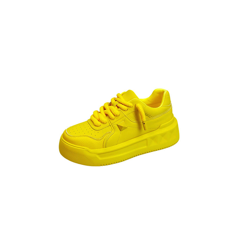 Women's Yellow Rivet Thick-soled White Cowhide Inner Women's Casual Shoes