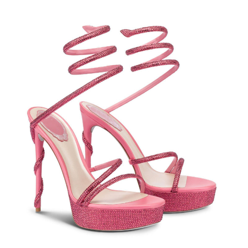 Women's Waterproof Platform Super Stiletto Snake-shaped Rao Strap Large Size For Heels