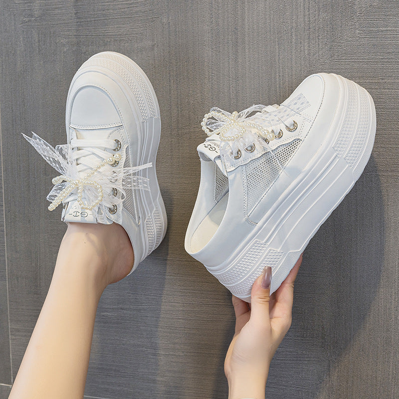 Women's Closed Toe Half Summer Breathable Mesh Thick Bottom Height Increasing Thick-soles Slippers