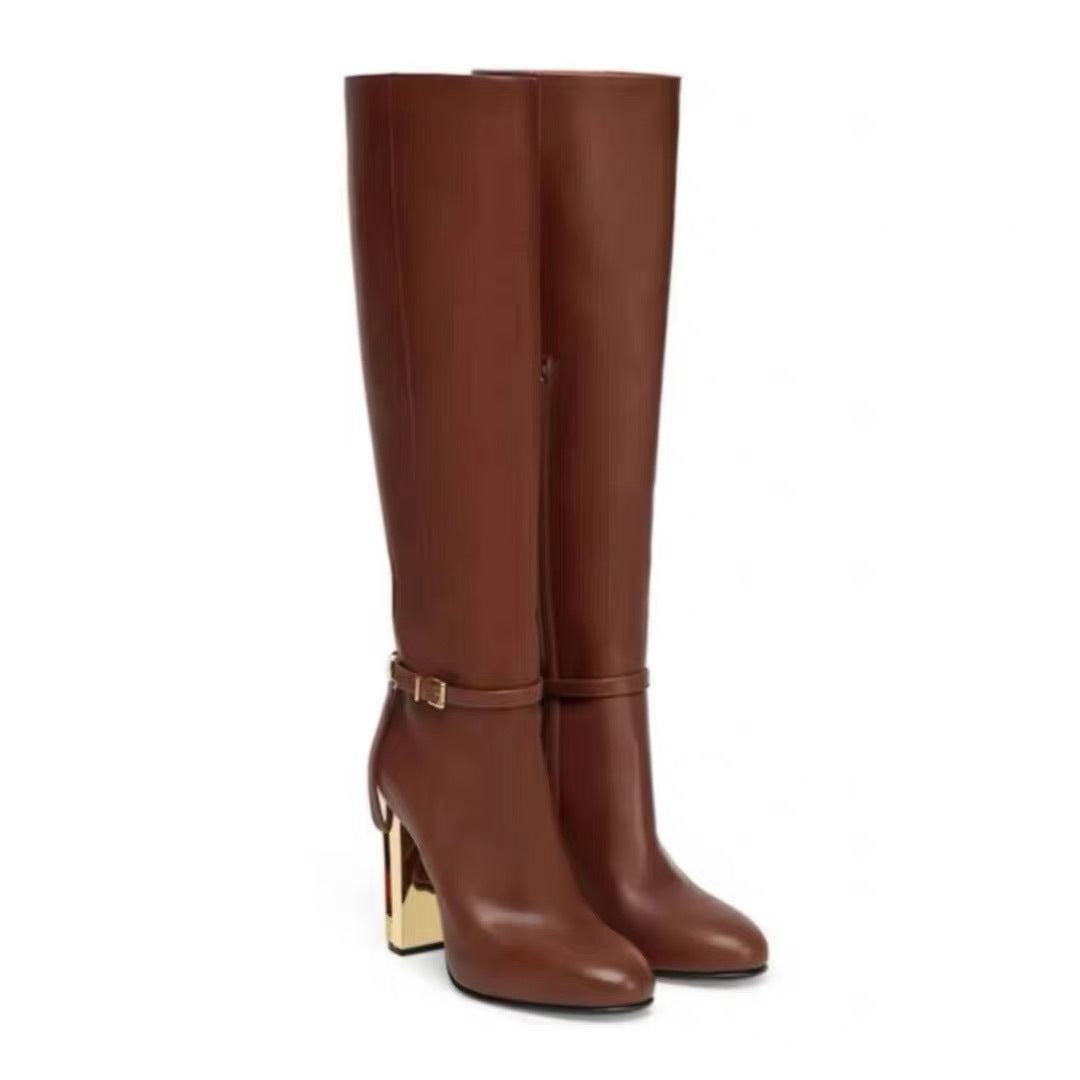 Women's Color Matching Belt Buckle Side Zipper High Women's Leather Boots