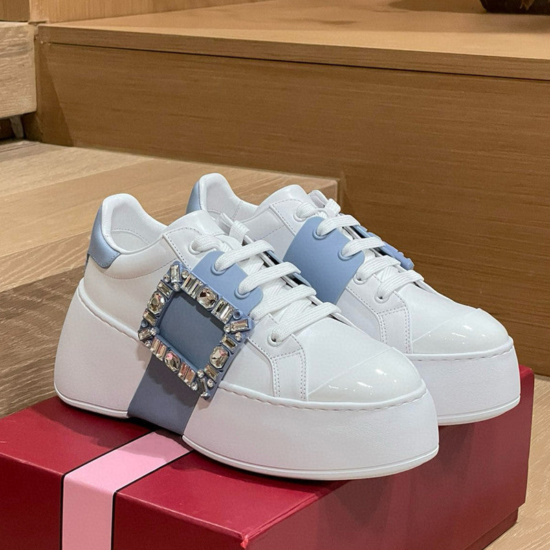 Women's Thick-soled High-rise Square Buckle Diamond White Genuine Platform Women's Casual Shoes