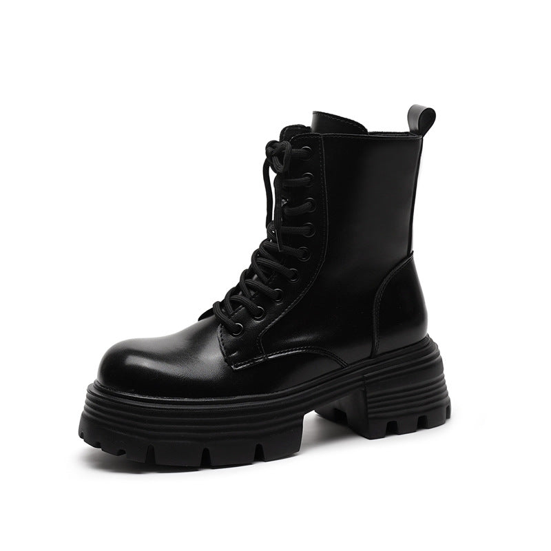 Thick Bottom Female Fleece-lined British Style Retro Round Women's Leather Boots