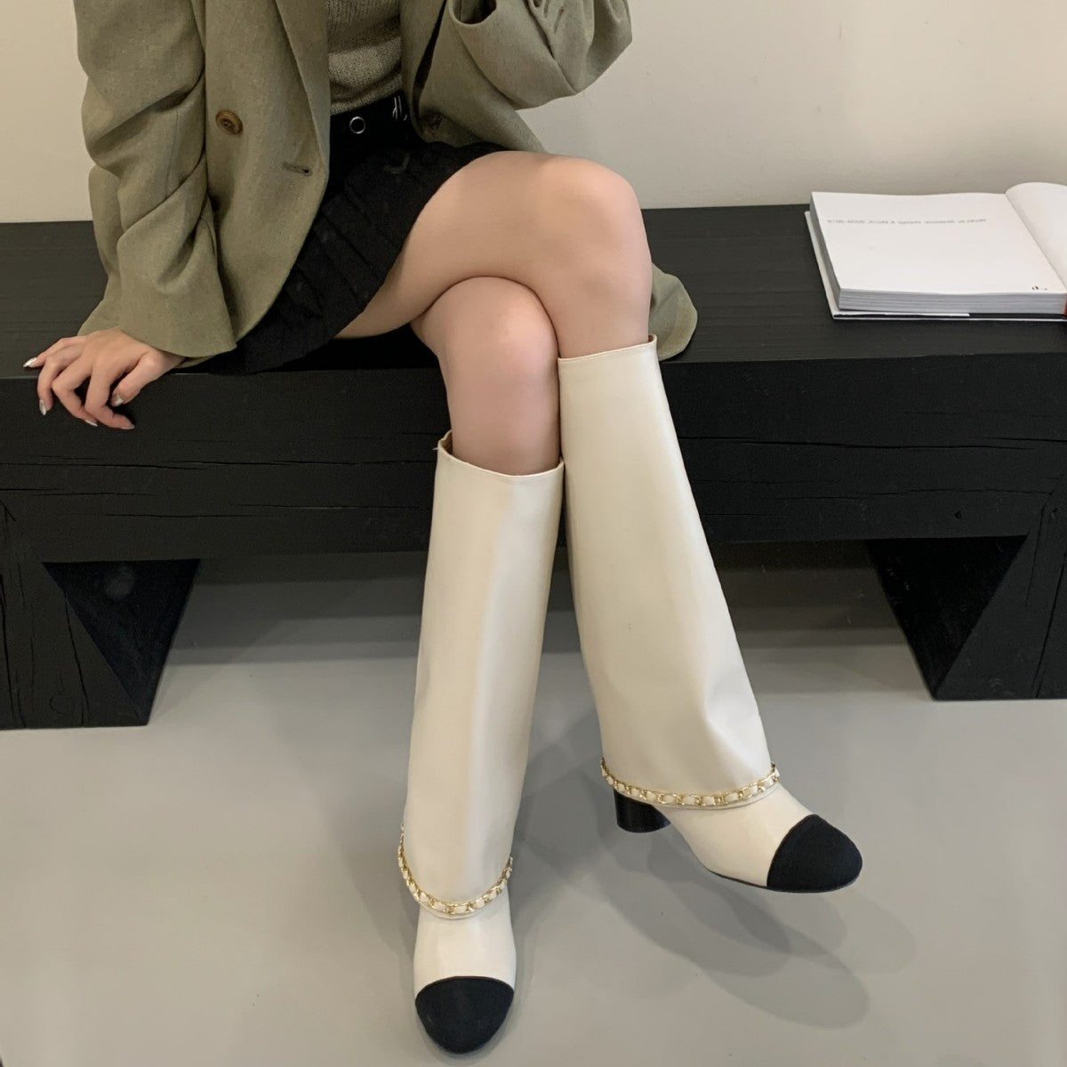 Apricot Black Stitching Chunky Pants Female Autumn Knight Below The Women's Leather Boots