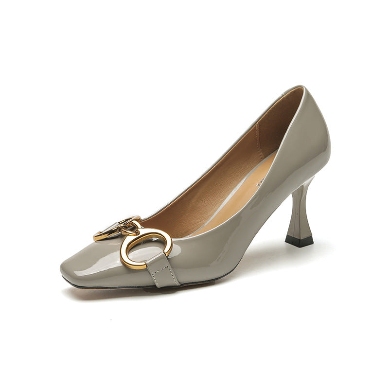 Women's Buckle Spring French Lady Style Stiletto Square Toe Low-cut Heels