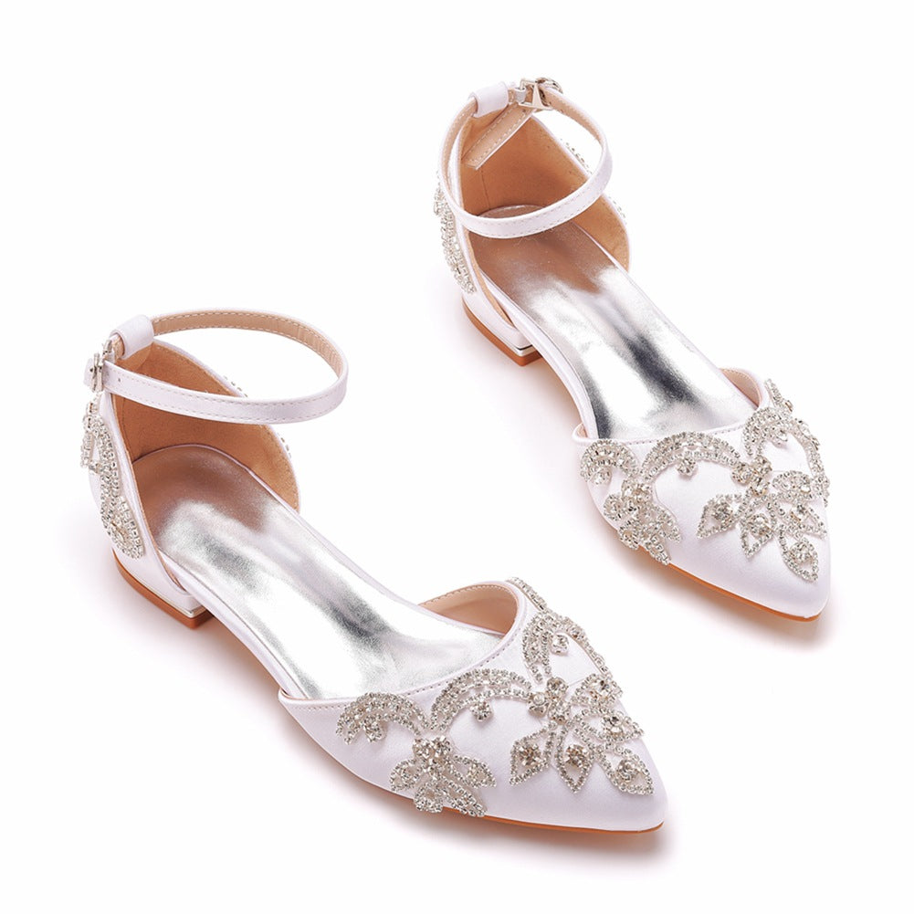 Leisure Hollowed Low Low-cut White Satin Rhinestone Women's Shoes