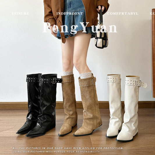 Women's Wedge High Pointed Toe Suede Pile Style Boots